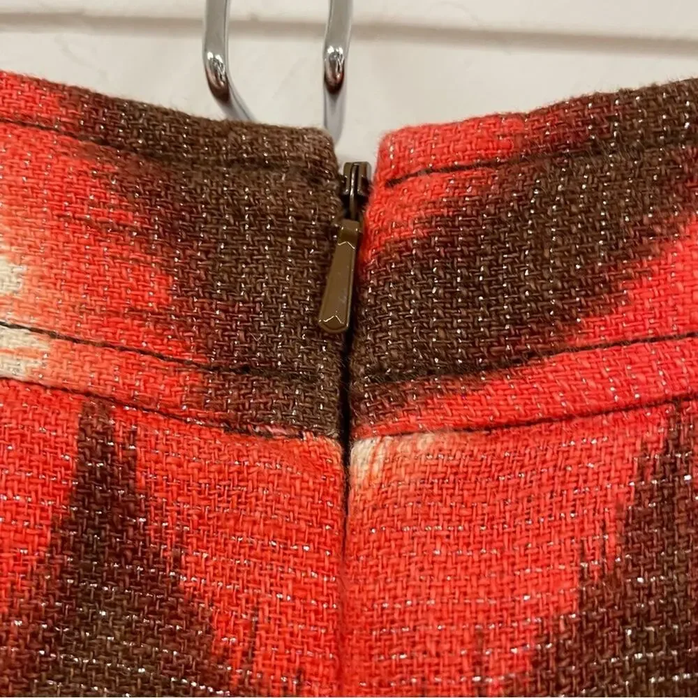 Tory Burch X Bergdorf Goodman Orange & Brown Linen Pleated Mini Skirt Womens 4
